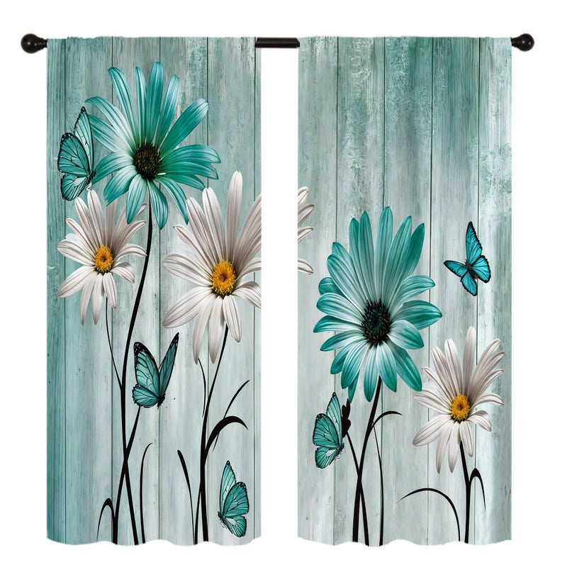 Famiffty Teal Floral Kitchen Curtains 27.5W X 39L Inch 2 Panels Rod Pocket Rustic Farmhouse Flower Turquoise Wooden Retro Country Vintage Daisy Small Short Cafe Tier Drapes Butterfly Bathroom Curtain - Image 4