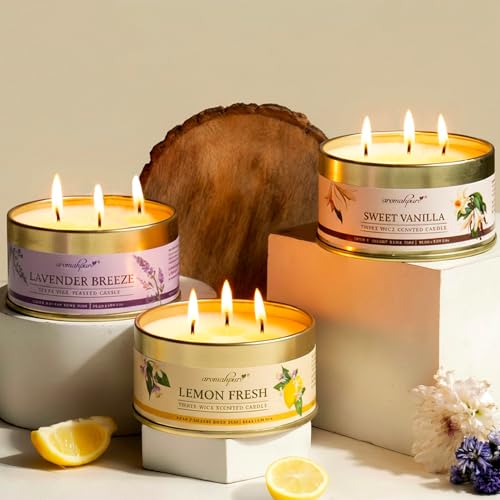 Aromahpure Lavender 3 Wick Candle in Container with Lid Pack of 3 | 85g Each | Burn Time 7 Hours Each | Scented Candle | Relaxing Aromatherapy Candles for Home Décor, Gifting, Bedroom & Spa - Image 1