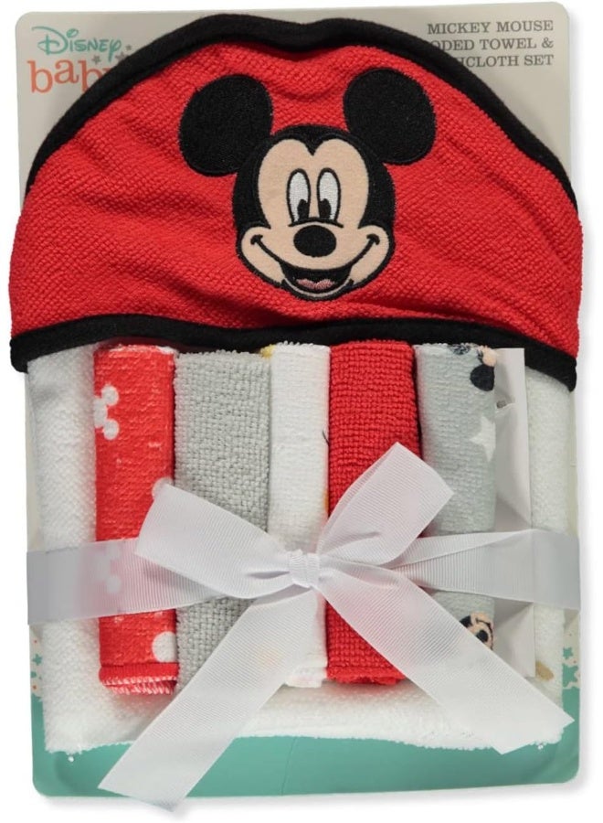 Cudlie Disney Baby Mickey Mouse Happy Face Print (Hooded Towel with 5 Piece Washcloth Set) - Image 1