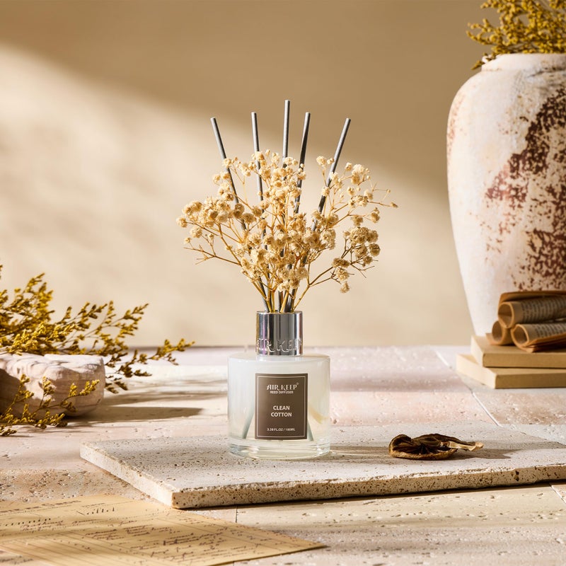 Airkeep Reed Diffuser Set,3.38 fl oz (100 ml) - Clean Cotton Oil Diffusers with 8 Reed Sticks, Home Fragrance Reed Diffuser for Bathroom Shelf Decor - Image 4