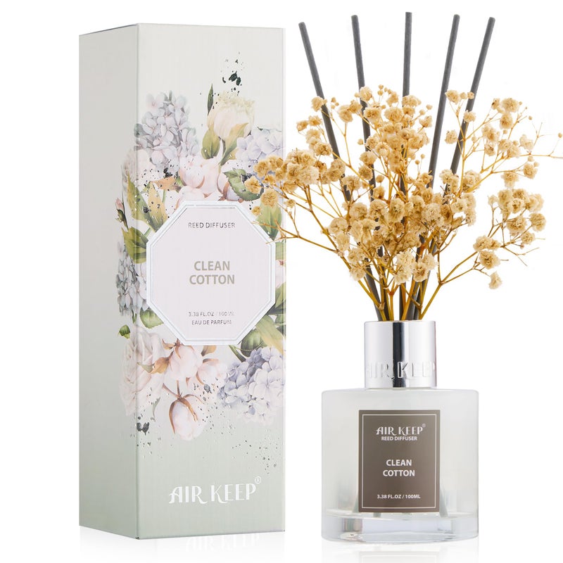 Airkeep Reed Diffuser Set,3.38 fl oz (100 ml) - Clean Cotton Oil Diffusers with 8 Reed Sticks, Home Fragrance Reed Diffuser for Bathroom Shelf Decor - Image 1