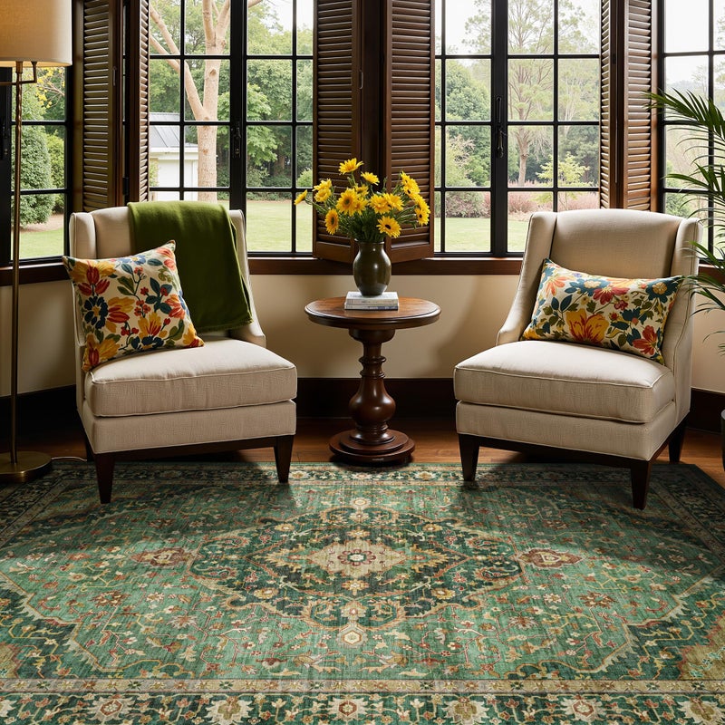 Deerly 6x9 Vintage Rugs for Dining Room, Washable Rugs Non Slip Large Area Rug for Living Room Bedroom Office, Floor Decoration Big Rug Mat Low-Pile Kid & Pet Friendly(Border Green) - Image 4