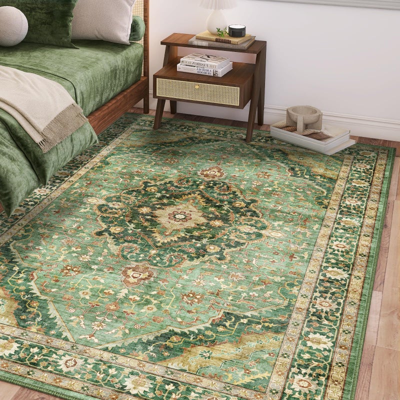 Deerly 6x9 Vintage Rugs for Dining Room, Washable Rugs Non Slip Large Area Rug for Living Room Bedroom Office, Floor Decoration Big Rug Mat Low-Pile Kid & Pet Friendly(Border Green) - Image 5