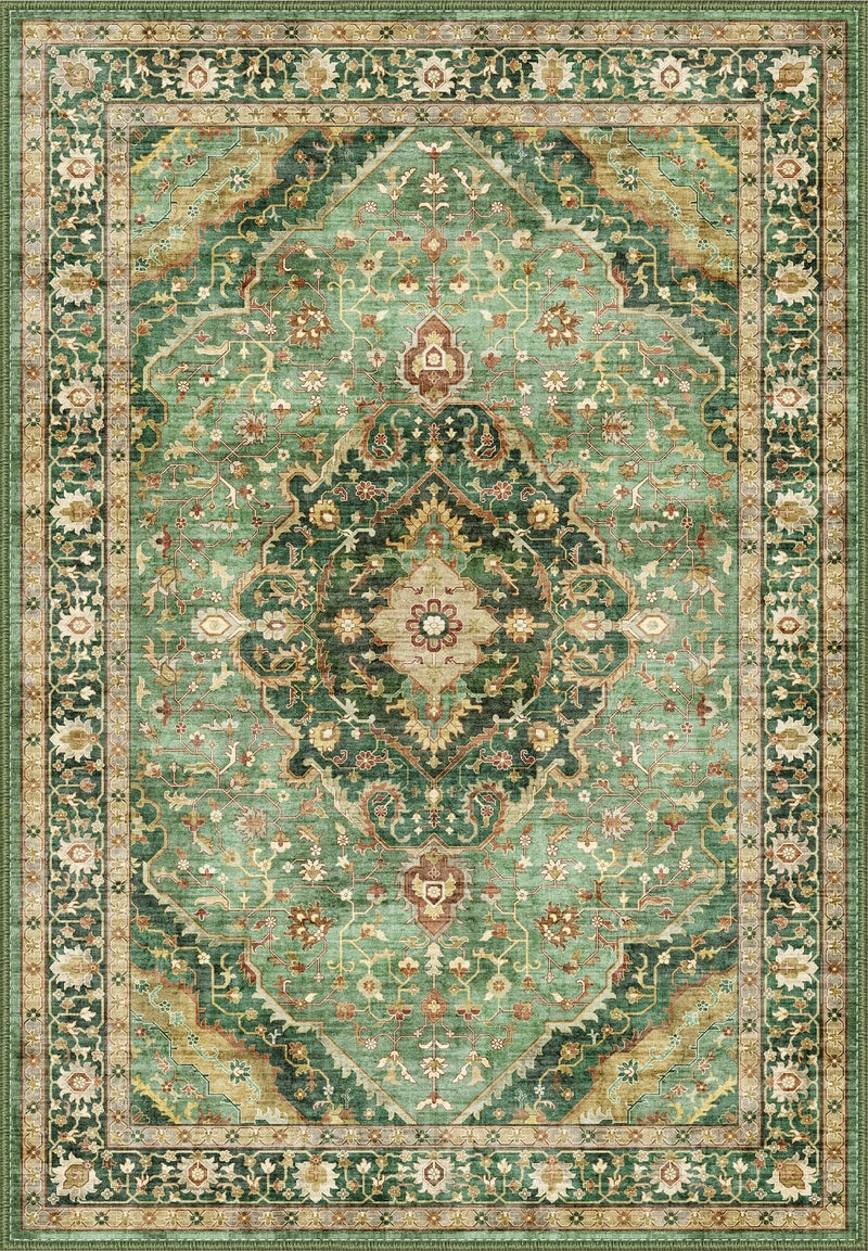 Deerly 6x9 Vintage Rugs for Dining Room, Washable Rugs Non Slip Large Area Rug for Living Room Bedroom Office, Floor Decoration Big Rug Mat Low-Pile Kid & Pet Friendly(Border Green) - Image 3