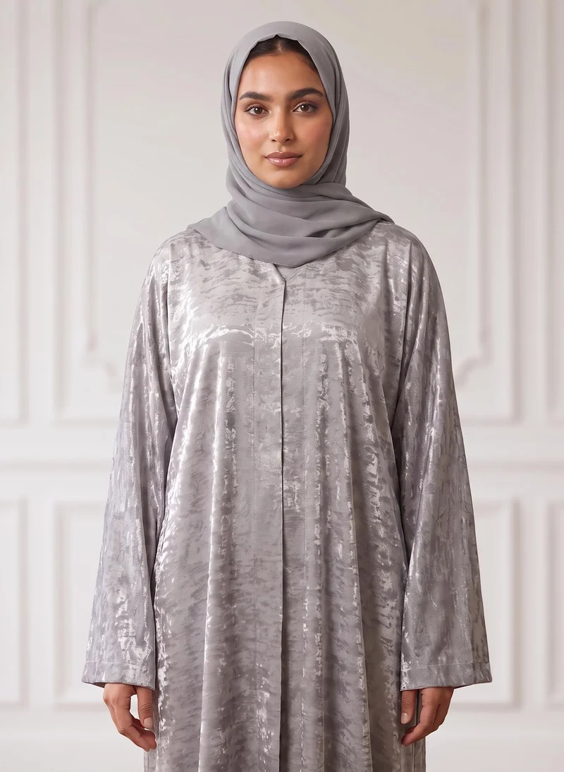 Nukhbaa Silver Mist Metallic Textured Satin Abaya-949