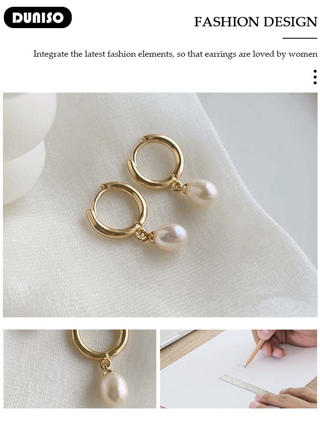 DUNISO Gold Pearl Drop Earrings for Women Freshwater Cultured Pearl Dangle Small Huggies Hoop Earrings, Dainty Fashion Bohemian Earrings for Ladies Birthday Gift  - Image 2
