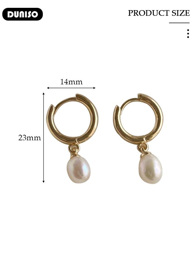 DUNISO Gold Pearl Drop Earrings for Women Freshwater Cultured Pearl Dangle Small Huggies Hoop Earrings, Dainty Fashion Bohemian Earrings for Ladies Birthday Gift  - Image 4