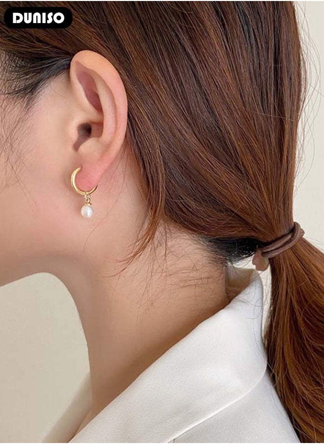 DUNISO Gold Pearl Drop Earrings for Women Freshwater Cultured Pearl Dangle Small Huggies Hoop Earrings, Dainty Fashion Bohemian Earrings for Ladies Birthday Gift  - Image 5