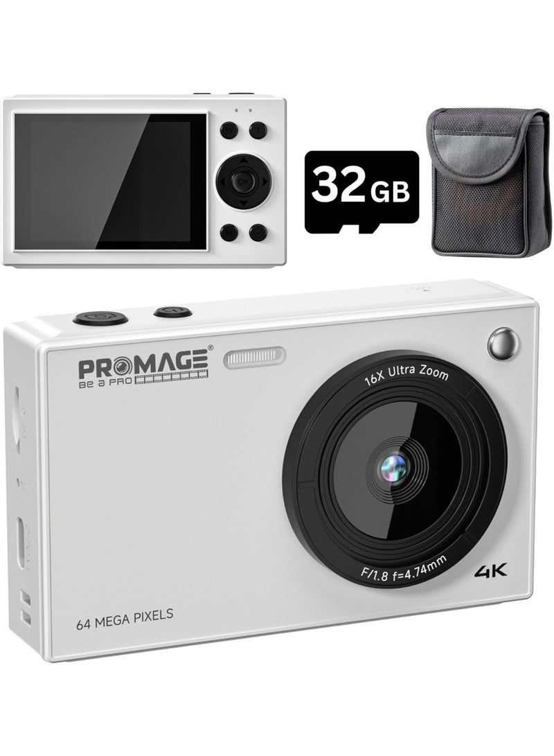 PROMAGE 4K Digital Camera, 64MP HD Vlogging Camera – 16X Digital Zoom, WiFi Digital Camera with 2.8-inch HD TFT Display (White) - Image 1