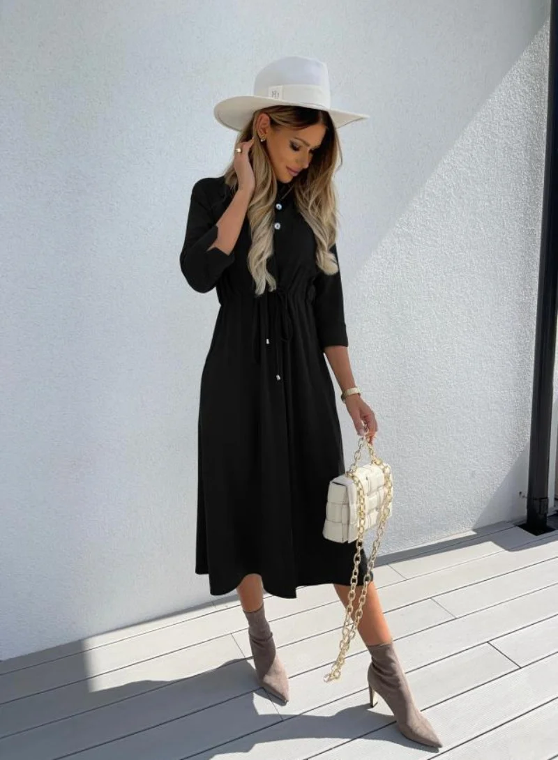 يونيكي Black Tie Ups Chiffon Shirt Style Midi Dress