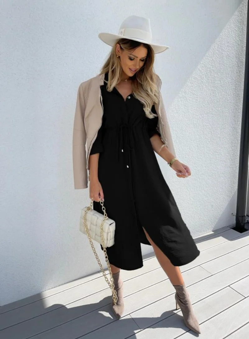 يونيكي Black Tie Ups Chiffon Shirt Style Midi Dress