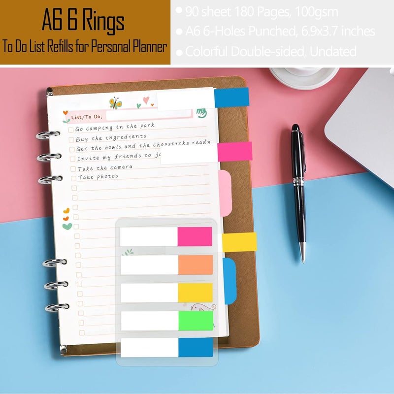 Rancco A6 Planner Inserts to Do List, 90 Pages Colorful 6-Ring Loose-leaf Planner Refills w/Binder Divider, Zipper Pouch, Ruler, Index Tab for Personal Journal, Filofax, Double-sided,Undated,6.9x3.7" - Image 5