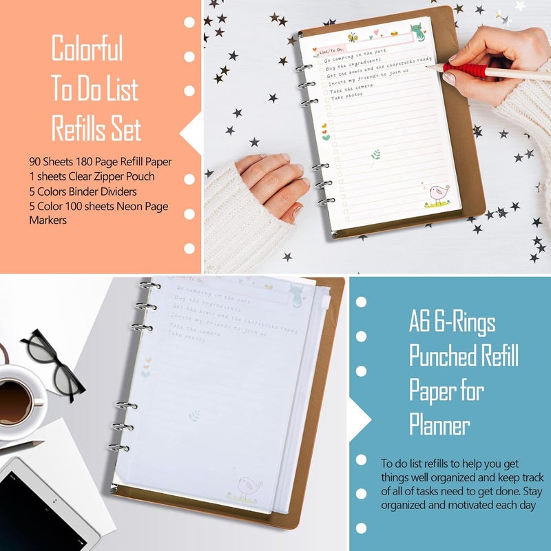 Rancco A6 Planner Inserts to Do List, 90 Pages Colorful 6-Ring Loose-leaf Planner Refills w/Binder Divider, Zipper Pouch, Ruler, Index Tab for Personal Journal, Filofax, Double-sided,Undated,6.9x3.7" - Image 3