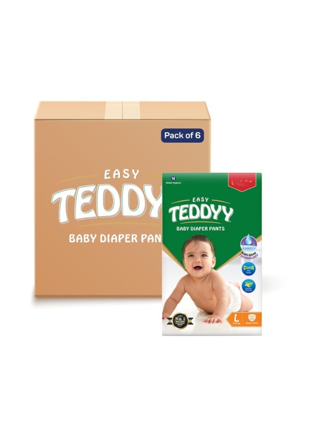 TEDDYY Easy Baby L Size Diaper Pant Style| 12 Count (Large) | 9–14 kg (Pack of 6) | Long Protection Hours | Anti-Bacterial | Airy Breathable Fit | Rapid Soaker Channels with Wetness Indicator - Image 1