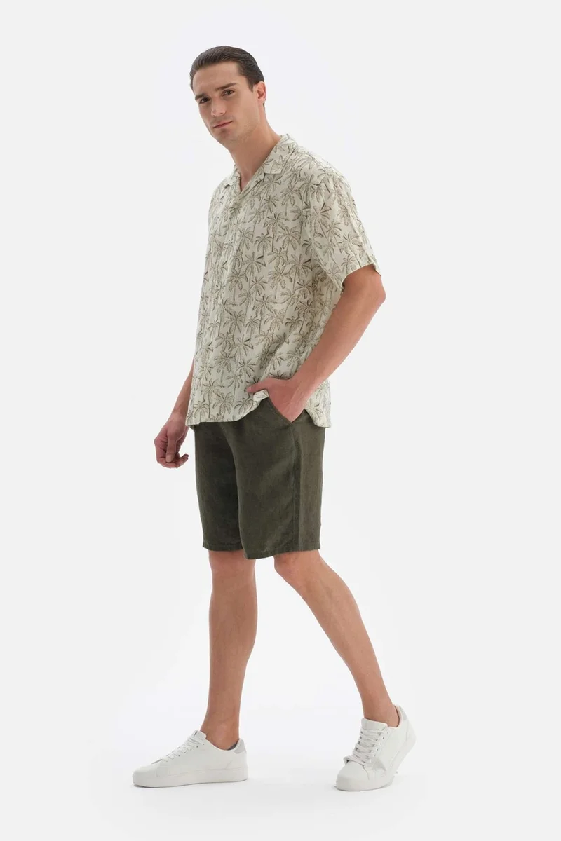 dagi Mountain Beige Linen Palm Tree Patterned Kk. Shirt
