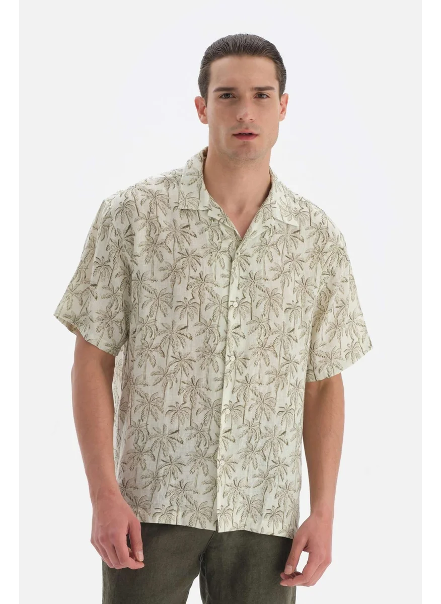 داجي Mountain Beige Linen Palm Tree Patterned Kk. Shirt