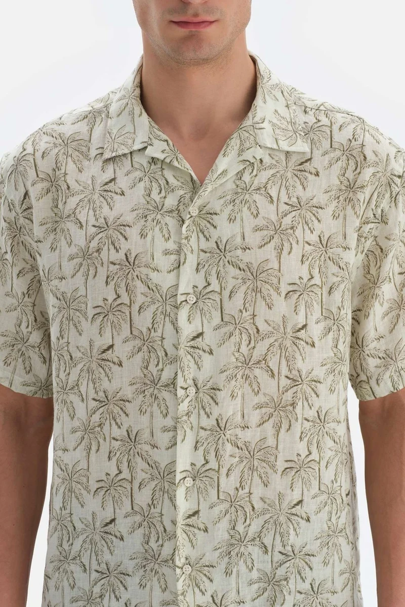 dagi Mountain Beige Linen Palm Tree Patterned Kk. Shirt