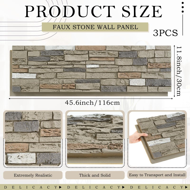 Maasechs 2 Pack Faux Stone Panels Interior 45.6''l x 11.8''h x 0.98''d Faux Siding Panels Exterior Artificial 3D Veneer for Wall Decor Outdoor Home Improvement Projects (PU,Light Gray) - Image 2