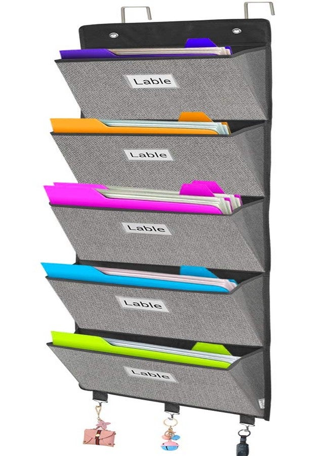 homyfort Over the Door File Organizer, Wall Hanging File Folders with 5 Large Pocket for Mails, Magazines, Back to School Supplies,Office Chart Storage, Paper Organization (Grey) - Image 1