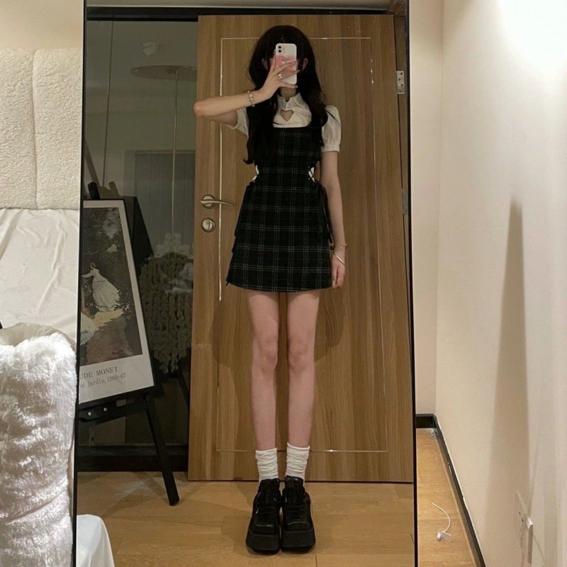 Retro Plaid Dress for Women 2024 Summer New Sweet Sexy Short Skirt Shirt Chic Skirt Two-Piece Suit Trendy Dress+shirt two-piece set