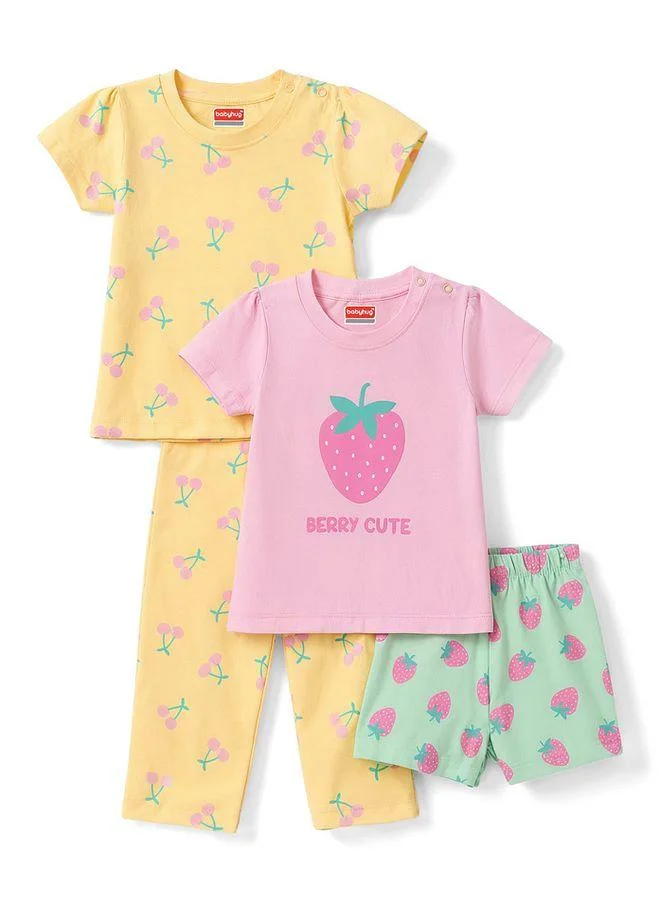 Babyhug Babyhug Cotton Knit Half Sleeves T-Shirt Pyjama & Shorts Night Suit with Strawberry Print Pack of 2 - Yellow & Pink