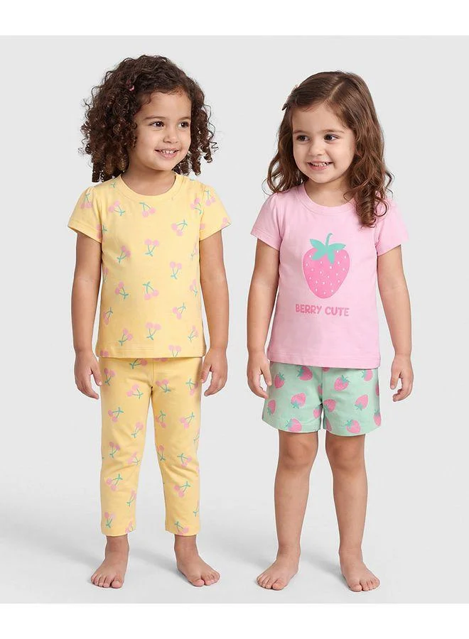 Babyhug Babyhug Cotton Knit Half Sleeves T-Shirt Pyjama & Shorts Night Suit with Strawberry Print Pack of 2 - Yellow & Pink