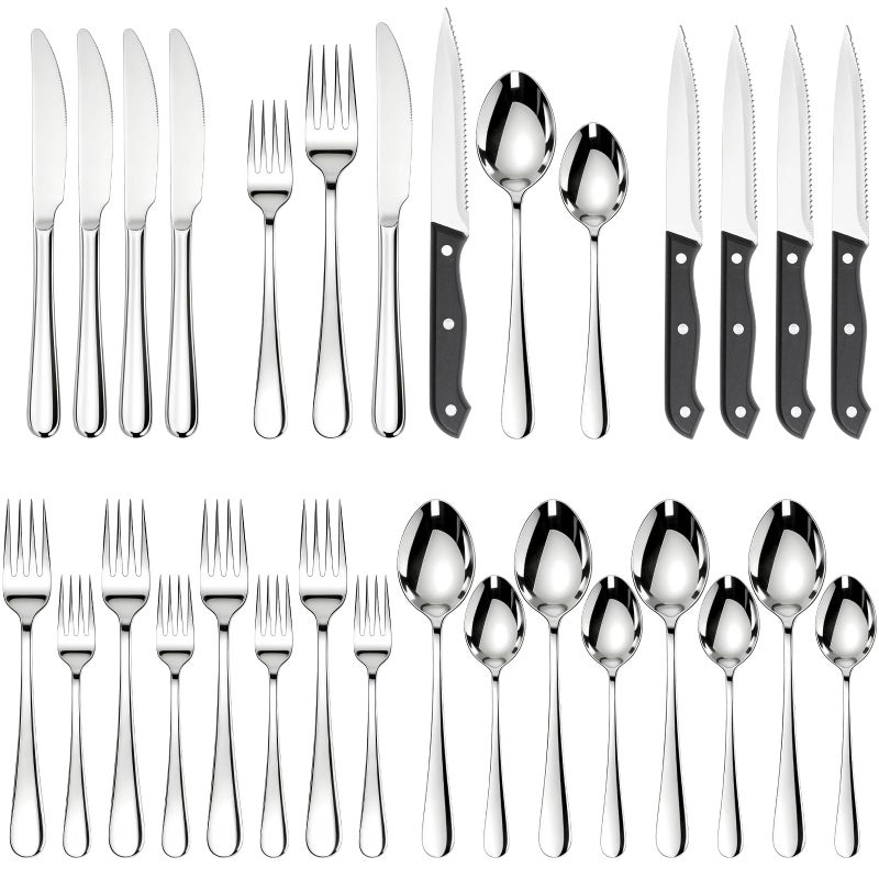 Astercook Silverware Set with Steak Knives 24-Piece Flatware Set for 4 Food-Grade Stainless Steel Cutlery Set Mirror Polished Utensils Set Include Spoons and Forks for Home Kitchen Restaurant - Image 1