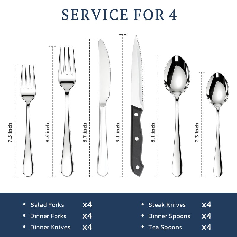 Astercook Silverware Set with Steak Knives 24-Piece Flatware Set for 4 Food-Grade Stainless Steel Cutlery Set Mirror Polished Utensils Set Include Spoons and Forks for Home Kitchen Restaurant - Image 5