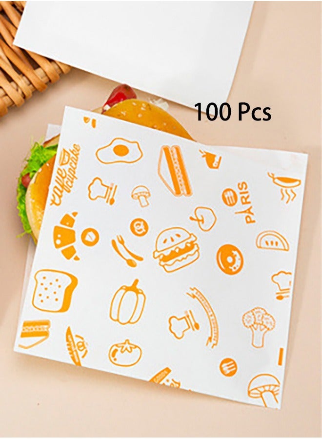100 Pcs Paper Sandwich Bags Sealable 15 x 15 CM, Orange Greaseproof Paper Snack Bags, Food Grade Pastry Bag, Recyclable Small Paper Bags, Cookie Sleeves, Food Packaging for Bakery, Donut  - Image 1