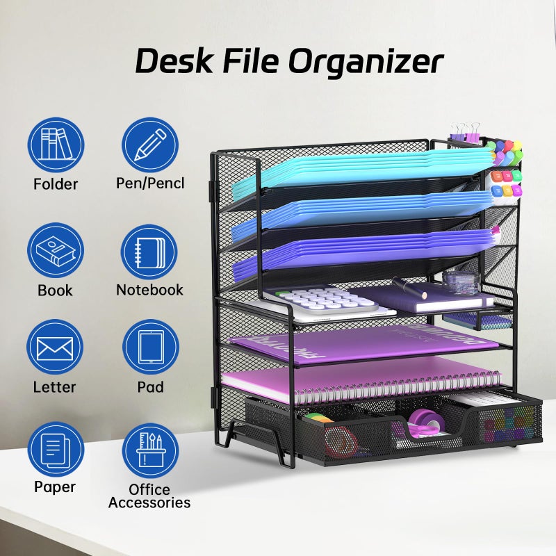 REEPLAN 4 Tier Desk Organizer + 3 Tier File Holder + 4 Pen Holders + Drawer, 7 Tier Desk File Organizers, Desk Organizers and Accessories for Office Home School, Black - Image 3