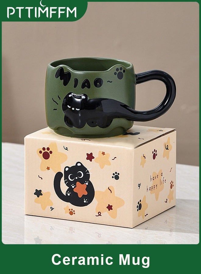 بتيمفم كوب قهوة سيراميكي بتصميم قطة رائع، سعة 380 مل، قابل للتكديس مع مقبض، مناسب للمنزل والمكتب - Image 1
