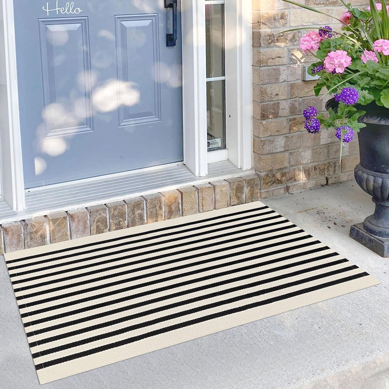 KILOCOCO Beige Striped Rug 2.3'x3.6' Indoor Outdoor Rugs Front Door Mat Hand Woven Cotton Washable Striped Layered Doormats for Front Porch/Kitchen/Farmhouse/Entryway/Patio - Image 1