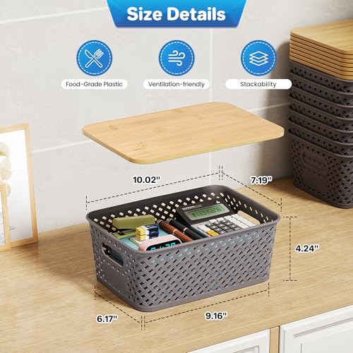 Anysig 8 Packs Plastic Storage Bins with Bamboo Lids Stackable Storage Bins Decorative Small Basket Containers for Organizing Shelves Office Classroom Desktop Closet Grey - Image 3