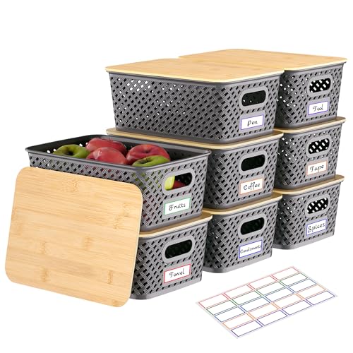 Anysig 8 Packs Plastic Storage Bins with Bamboo Lids Stackable Storage Bins Decorative Small Basket Containers for Organizing Shelves Office Classroom Desktop Closet Grey - Image 1