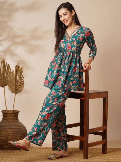 globus Women Green Embroidered Jaal Print Tassel Detailing A-Line Tunic & Pant