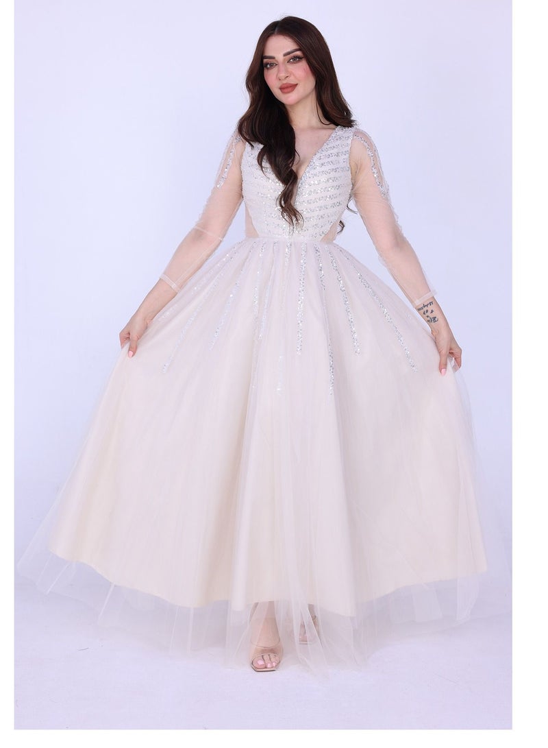 Modern Design Evening dress with transparent sleeves, elegant embroidery, bodice cut with a letter V. If you are looking for a perfect dress for your look, do not hesitate to choose this distinctive dress from the  - Image 1