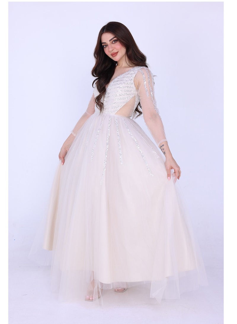 Modern Design Evening dress with transparent sleeves, elegant embroidery, bodice cut with a letter V. If you are looking for a perfect dress for your look, do not hesitate to choose this distinctive dress from the  - Image 2