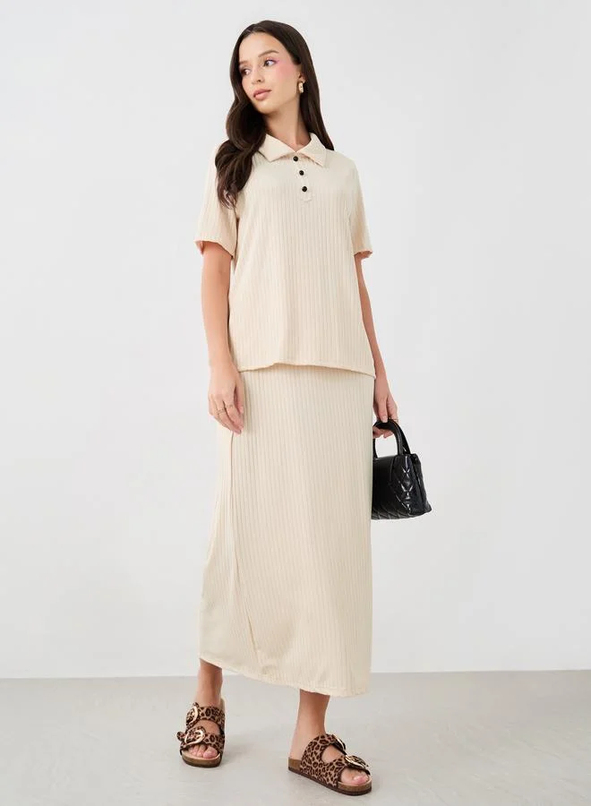 Take Two Take Two Ribbed Contrast Button Detail Polo T-Shirt and Skirt Co-Ords