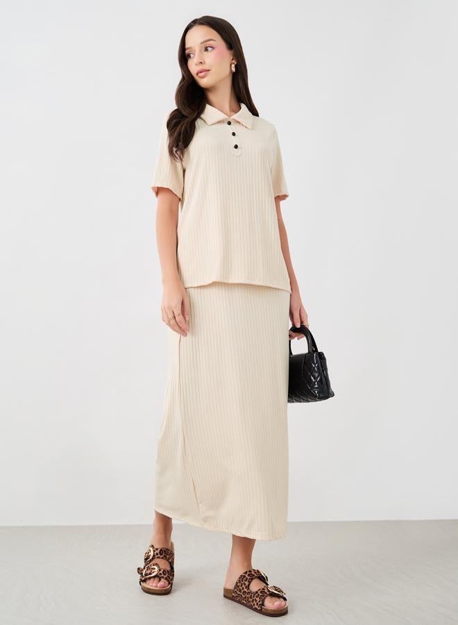 Take Two Take Two Ribbed Contrast Button Detail Polo T-Shirt and Skirt Co-Ords  - Image 1