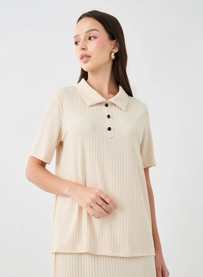 Take Two Take Two Ribbed Contrast Button Detail Polo T-Shirt and Skirt Co-Ords