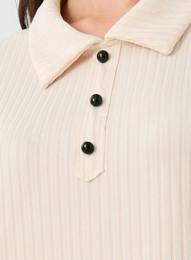 Take Two Take Two Ribbed Contrast Button Detail Polo T-Shirt and Skirt Co-Ords