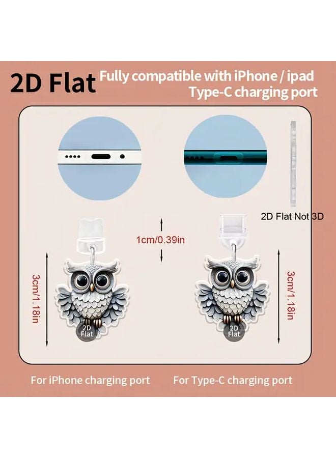 قطعتان غطاء غبار لهاتف بمنفذ البرق من الأكريليك المسطح بصورة بومة لطيفة ثنائية الأبعاد، هدية مثالية - Image 3