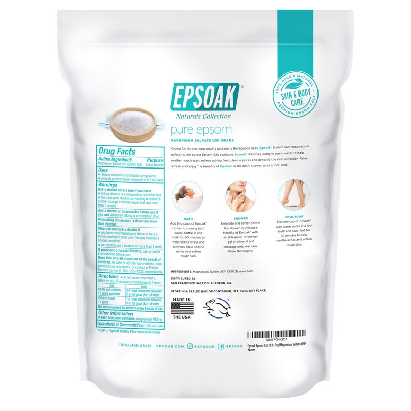 Epsoak ملح إبسوم إبسوك 19 رطل. كبريتات المغنيسيوم USP، أكياس ملح إبسوم بالجملة قابلة لإعادة الإغلاق بدون رائحة، مصنوعة في الولايات المتحدة الأمريكية، معتمدة خالية من القسوة - Image 5