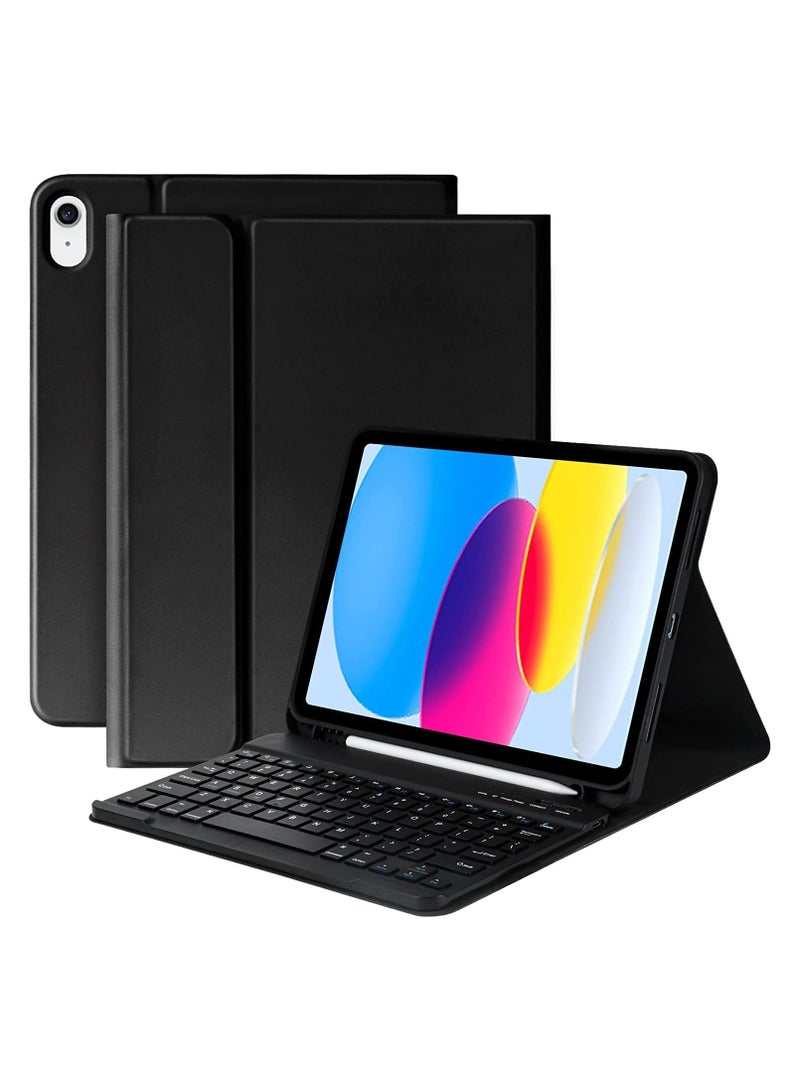 جراب جلدي مع لوحة مفاتيح 10.9 بوصة 2022 جراب حامل فوليو من الجيل العاشر لجهاز iPad Pro لوحة مفاتيح قابلة للفصل مع حامل أقلام أسود - Image 1