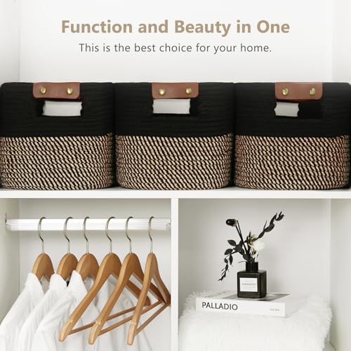 ECDYQXVU Cotton Rope Basket, Storage Baskets with Handle, 15x10x9 Inch Woven Basket for Shelves, Laundry, Towels, Clothes, Books, (Black Brown 3 Pack) - Image 5