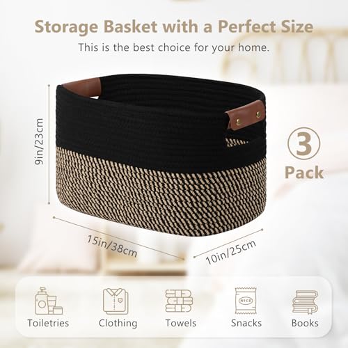 ECDYQXVU Cotton Rope Basket, Storage Baskets with Handle, 15x10x9 Inch Woven Basket for Shelves, Laundry, Towels, Clothes, Books, (Black Brown 3 Pack) - Image 3