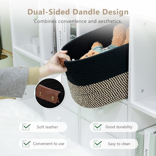 ECDYQXVU Cotton Rope Basket, Storage Baskets with Handle, 15x10x9 Inch Woven Basket for Shelves, Laundry, Towels, Clothes, Books, (Black Brown 3 Pack) - Image 4
