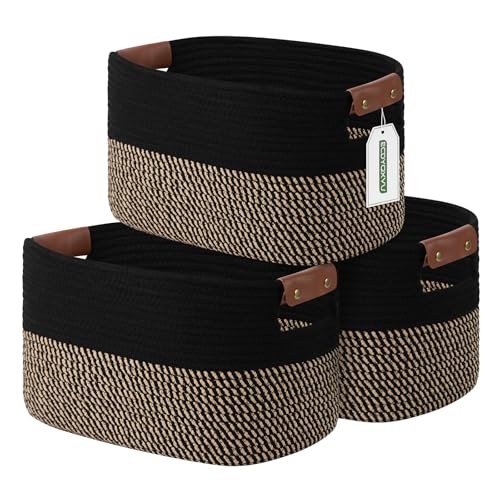 ECDYQXVU Cotton Rope Basket, Storage Baskets with Handle, 15x10x9 Inch Woven Basket for Shelves, Laundry, Towels, Clothes, Books, (Black Brown 3 Pack) - Image 1