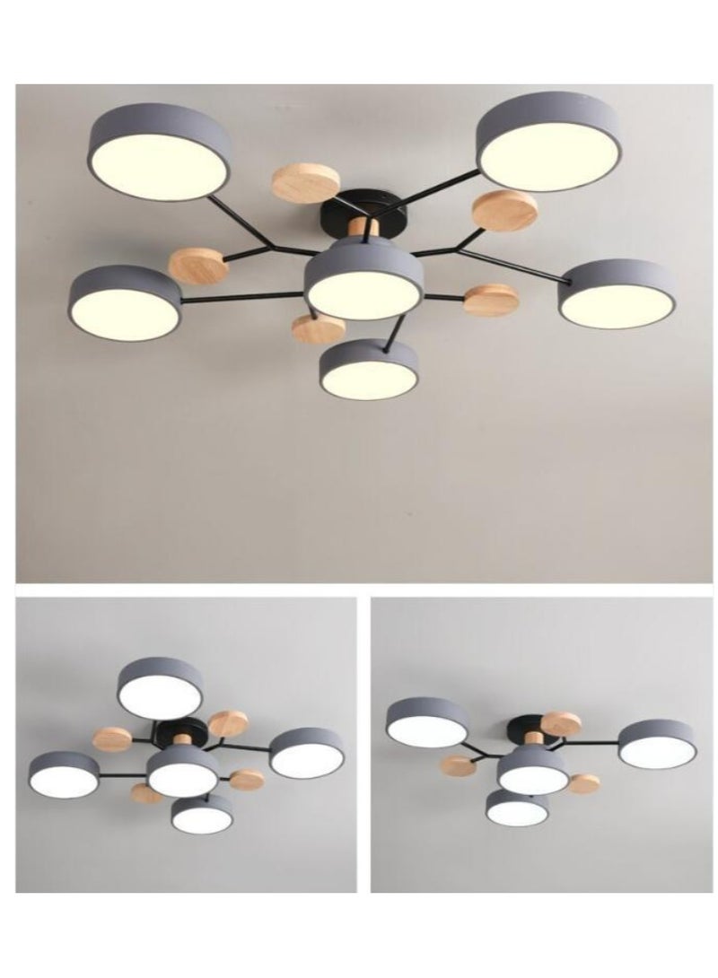 4 Head LED Ceiling Lights Modern Nordic Round Lamp Wooden Home Living Room Bedroom Lustre Lamp Mounted Lighting Fixture chandelier, Grey  - Image 3
