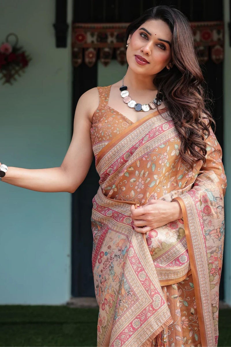 SGF11 Women's Cotton Linen Silk Saree With Unstitched Blouse Piece (Brown) - Image 3